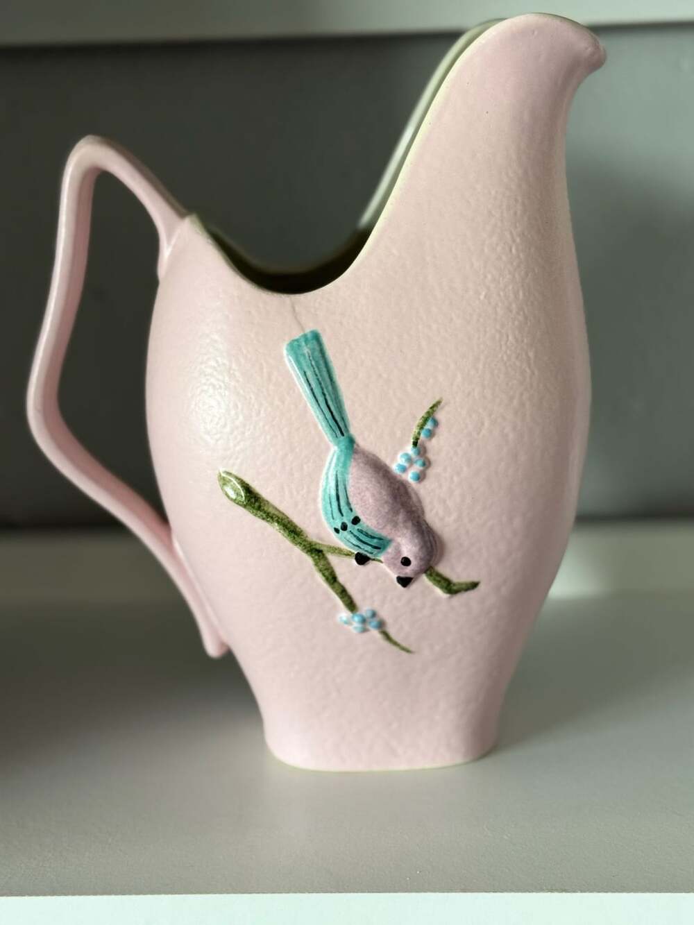 Hull Pottery Serenade Pink Pitcher with Chickadee Birds and Boughs